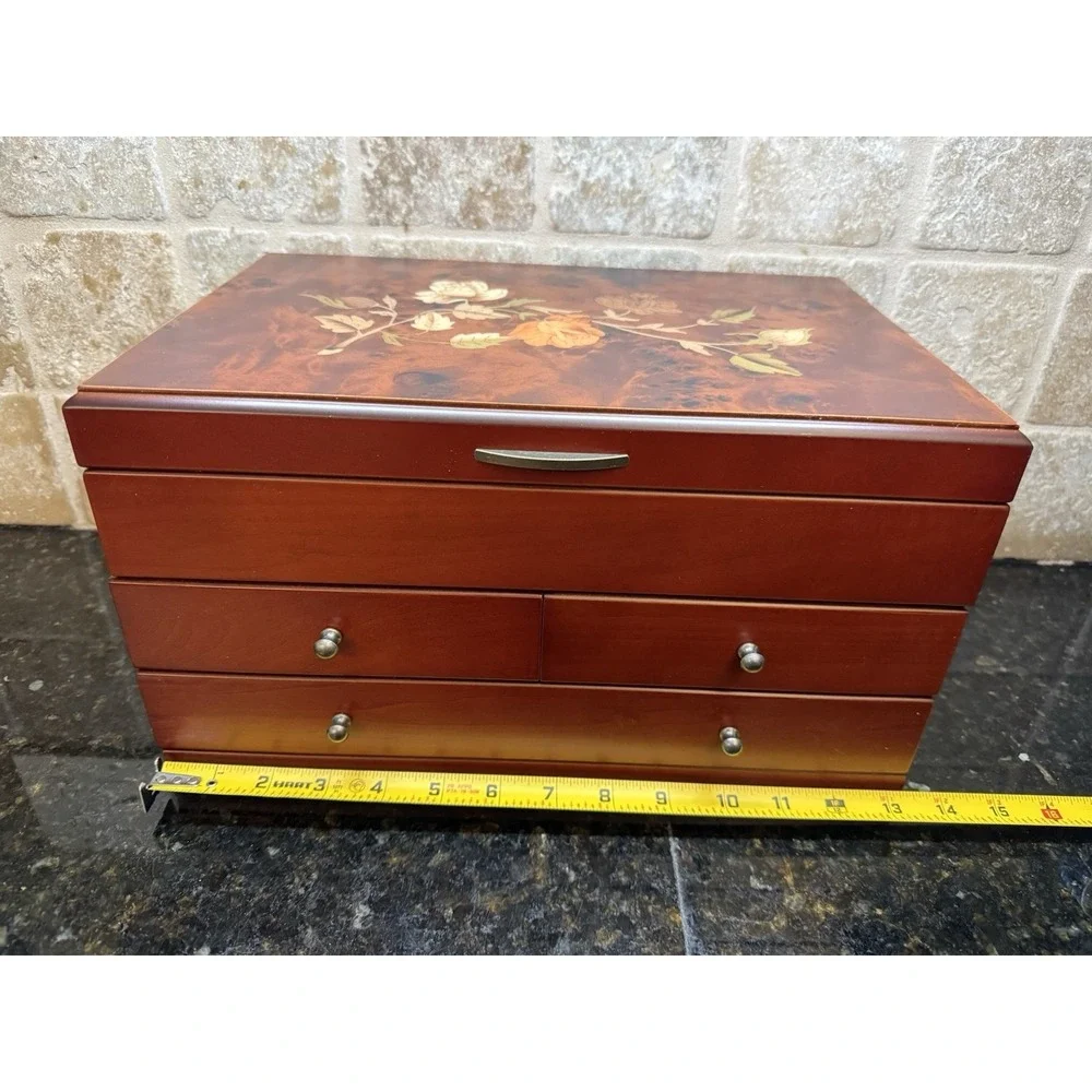 Mele & Co Wooden Jewelry Box Floral Inlay Brayden Design Drawers Mirror Lined